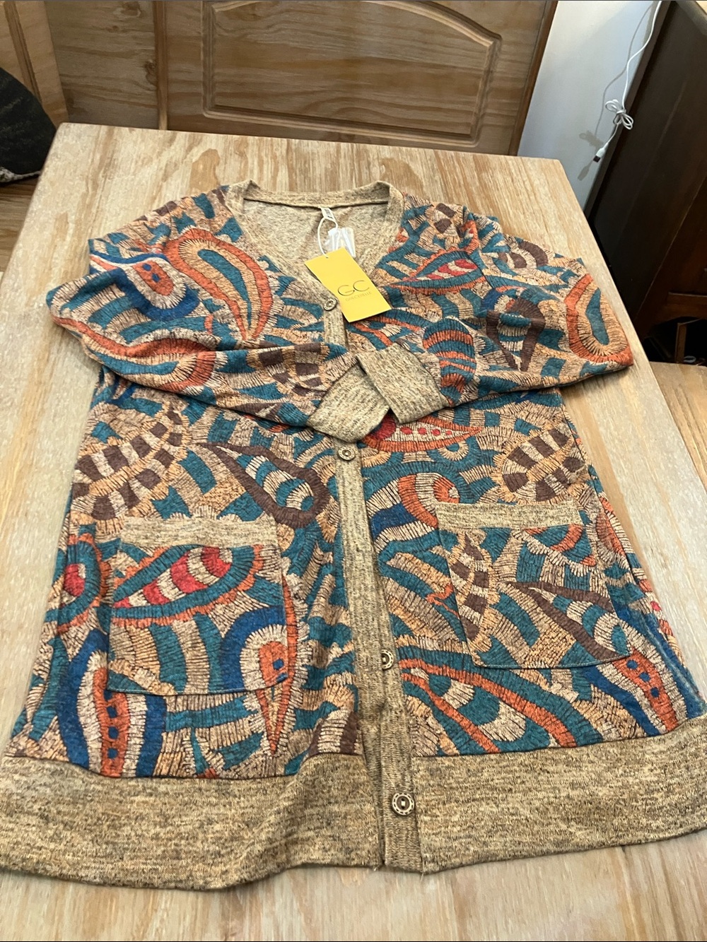 Abstract Pattern Knit Cardigan in Teal, Rust & Beige